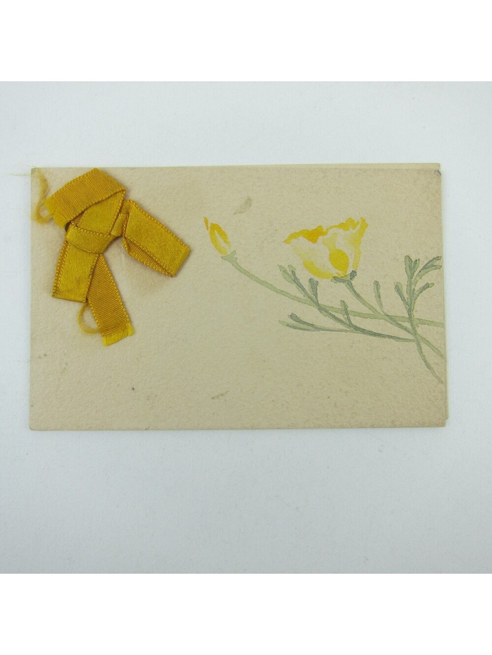 Victorian Calling Card Watercolor Yellow Poppy Flowers Ribbon Bow Antique 1900